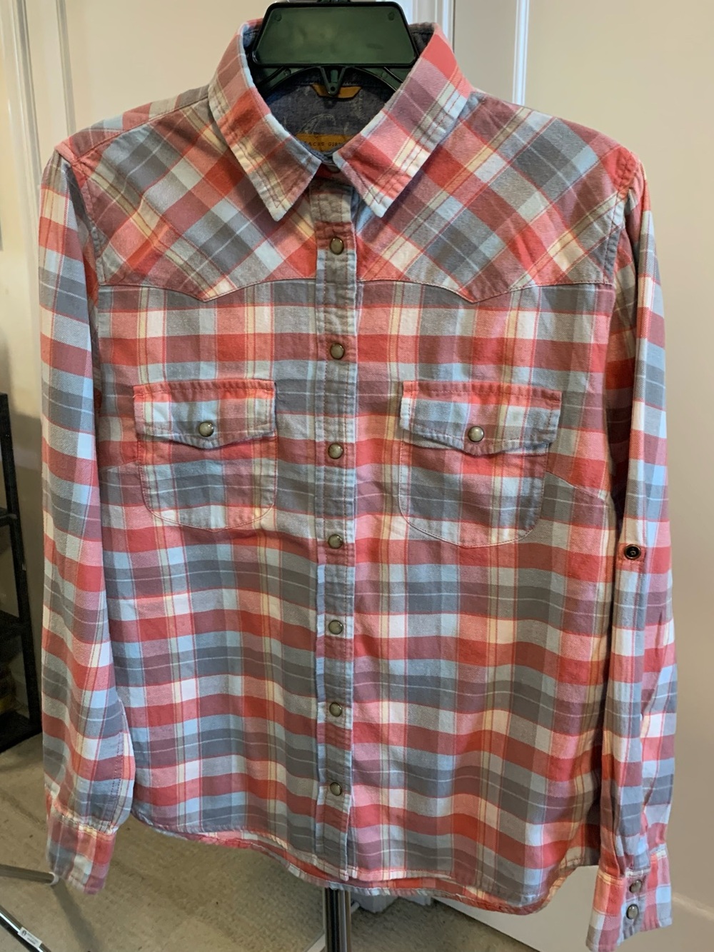 JACHS Girlfriend Coral/Gray Plaid Button-Down Shirt, Women’s Small Roll tab